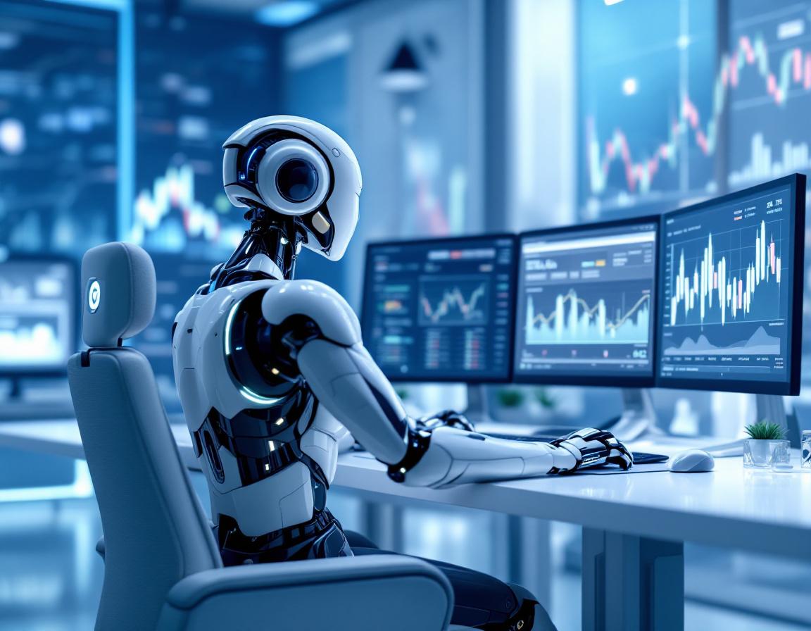 A humanoid AI trading bot analyzes market data at a futuristic workstation with glowing screens.