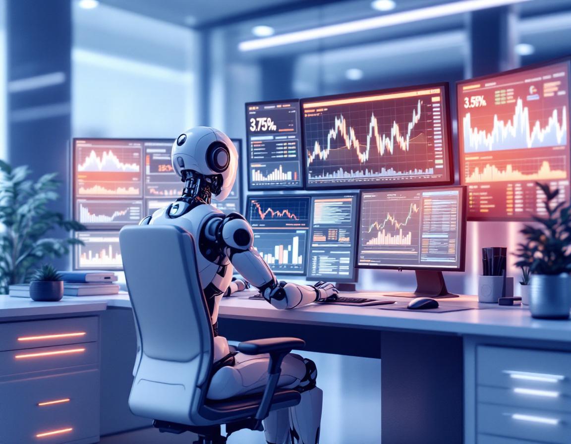 A hyper-realistic AI trading bot analyzes market data at a sleek workstation surrounded by screens.