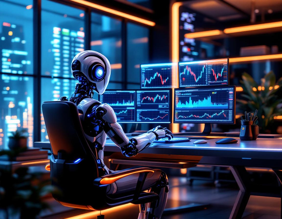 A hyper-realistic AI trading bot analyzes market data on multiple screens in a futuristic setting.