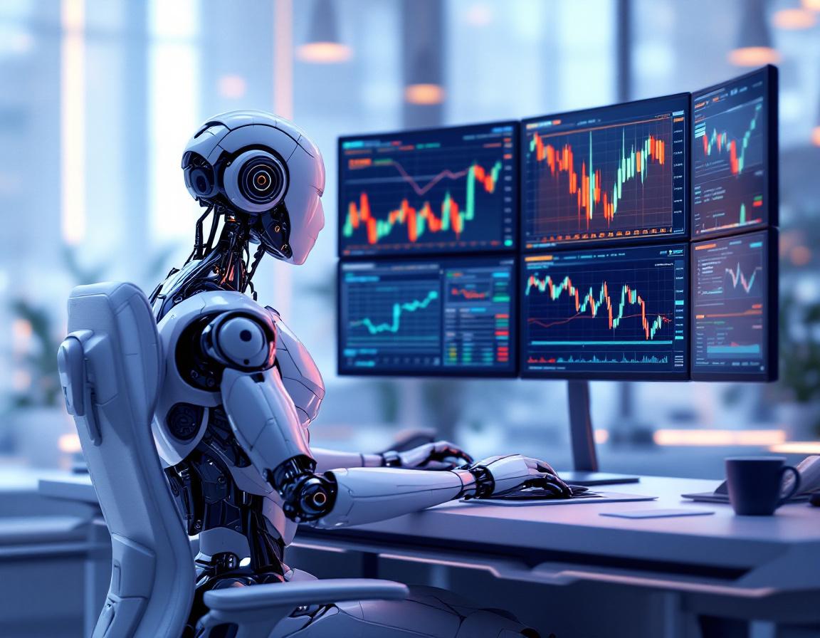 A humanoid AI trading bot analyzes market data at a high-tech workstation in a futuristic setting.