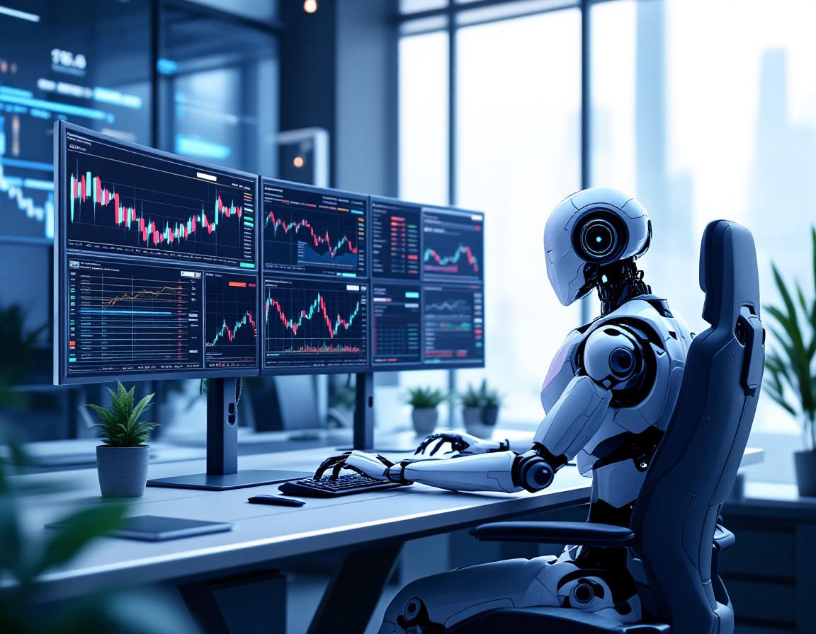 A hyper-realistic AI trading bot at a futuristic workstation analyzing stock and crypto market data.