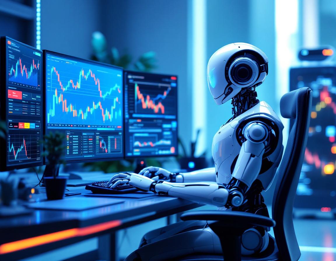 A sleek humanoid AI trading bot at a workstation, analyzing market data with vibrant screens.