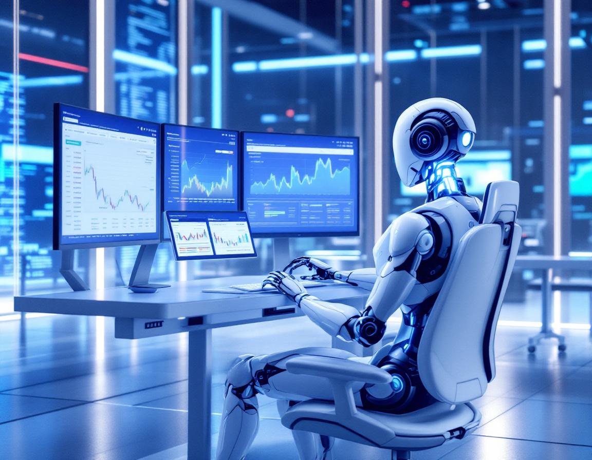 A hyper-realistic AI trading bot at a sleek workstation analyzing market data on multiple screens.