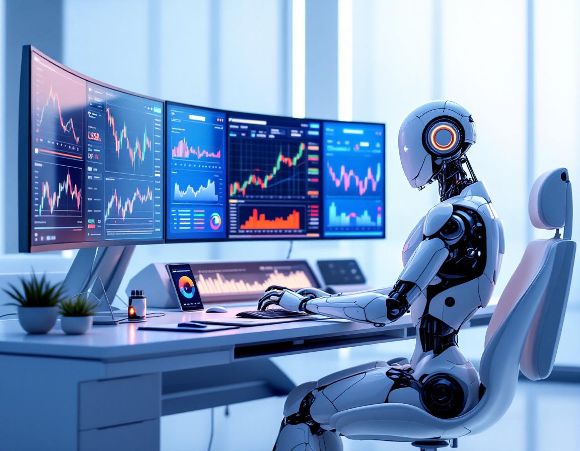 A hyper-realistic AI trading bot analyzes market data on multiple screens in a futuristic workspace.