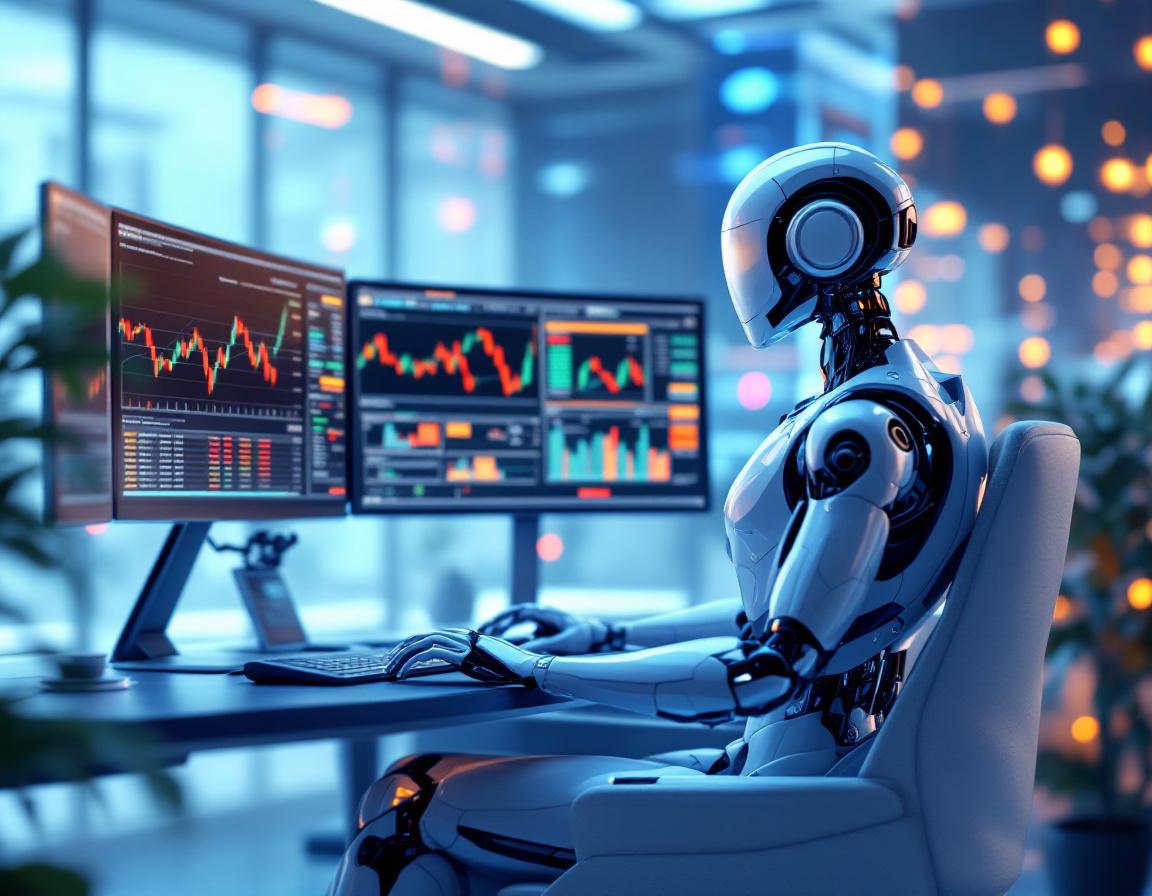 A humanoid AI trading bot at a high-tech workstation analyzing market data on multiple screens.