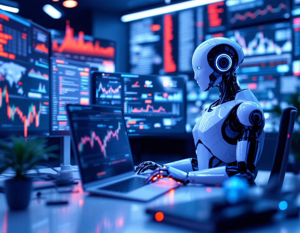 A hyper-realistic AI trading bot analyzes market data at a sleek workstation with multiple screens.