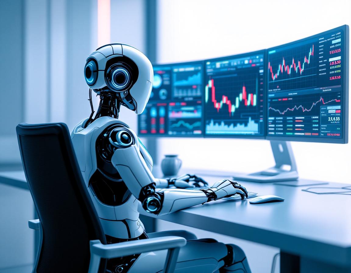 A humanoid AI trading bot analyzing market data at a high-tech workstation surrounded by screens.