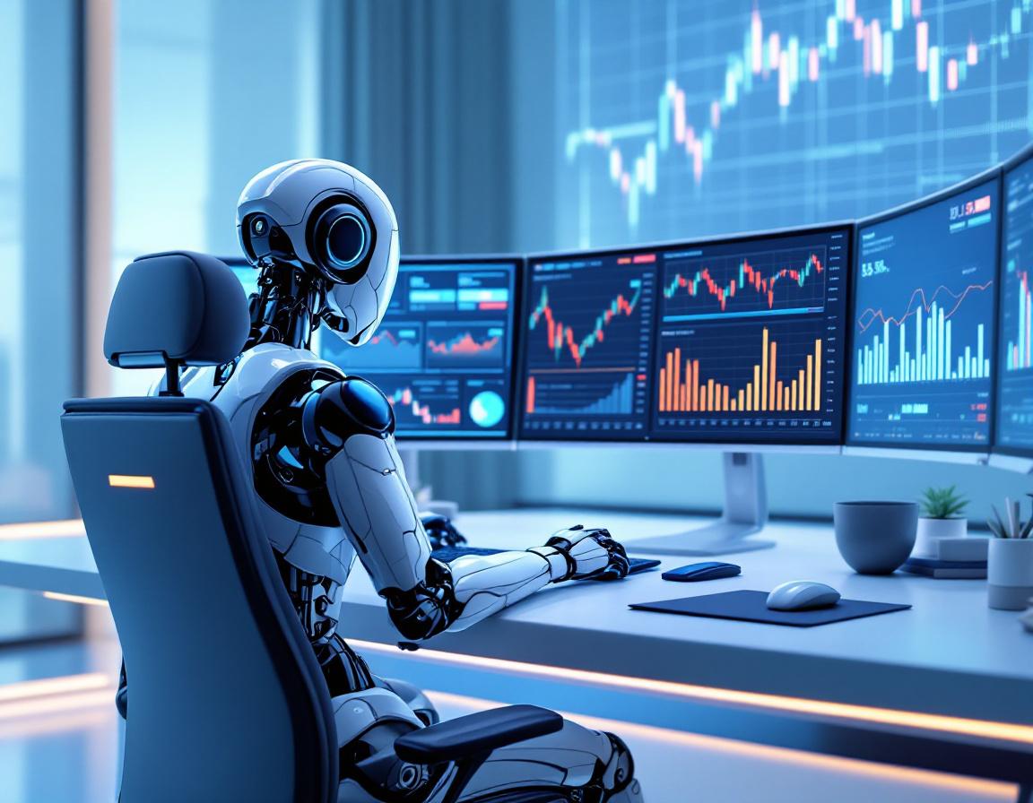 A hyper-realistic AI trading bot at a workstation, analyzing market data on multiple screens.