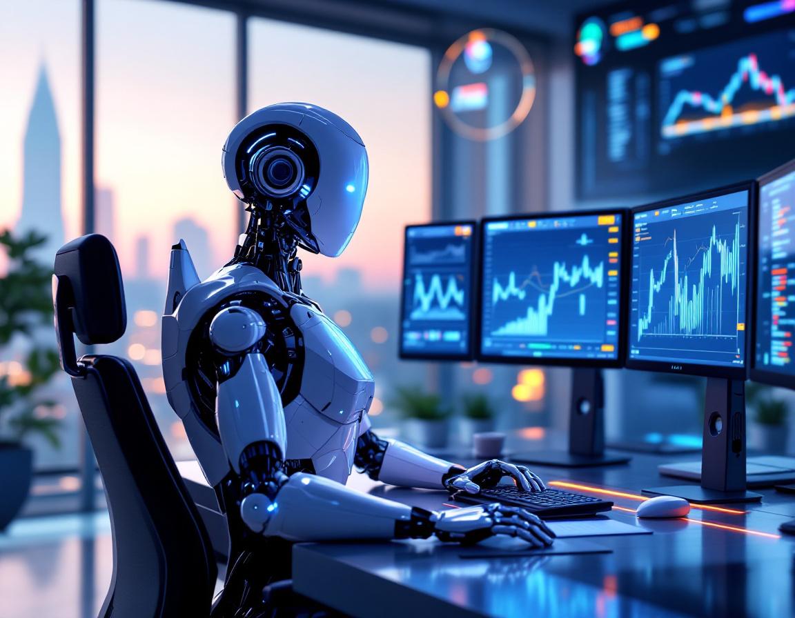 A hyper-realistic AI trading bot at a workstation analyzing real-time stock and crypto market data.