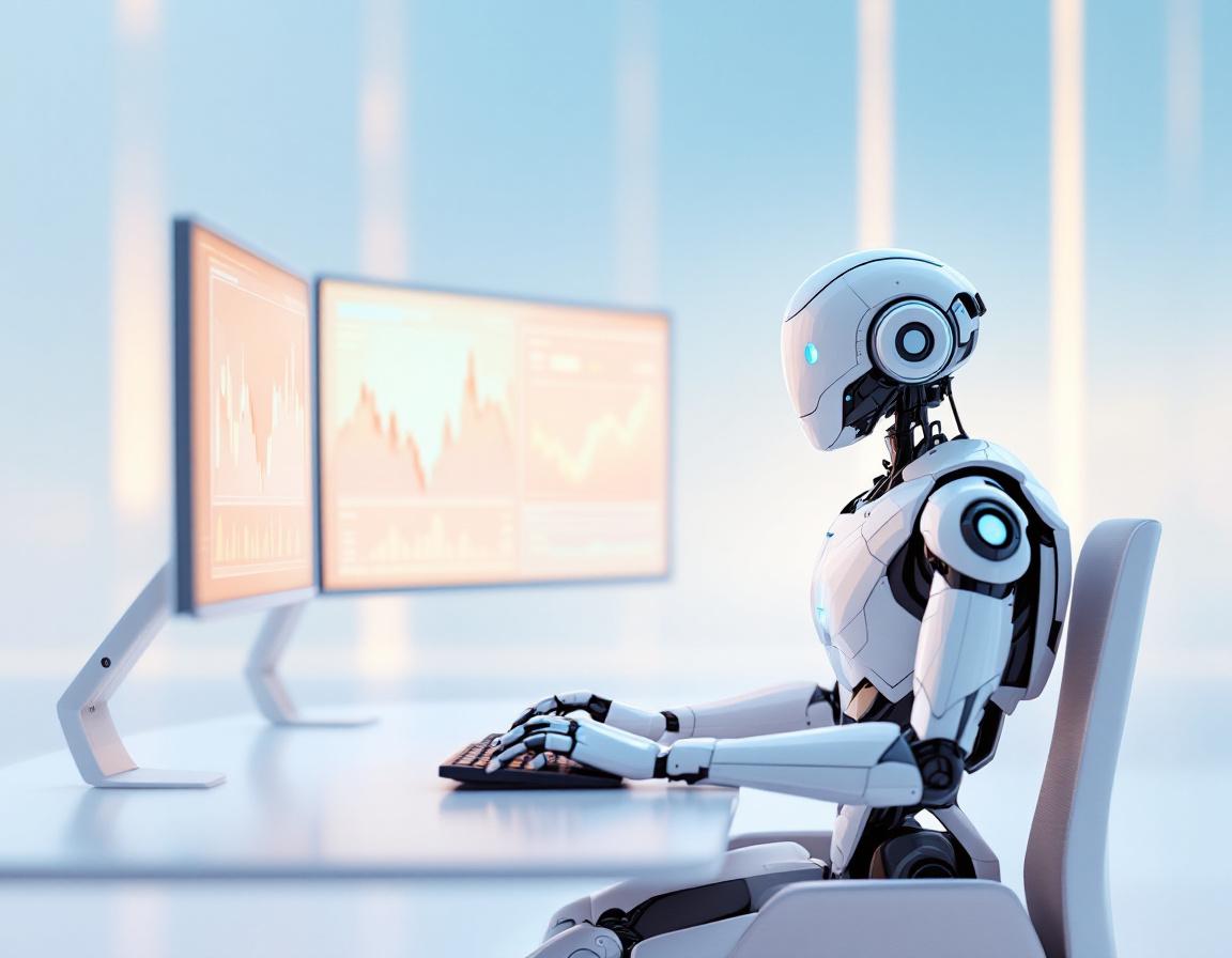 A hyper-realistic AI trading bot in a futuristic setting analyzing market data on multiple screens.