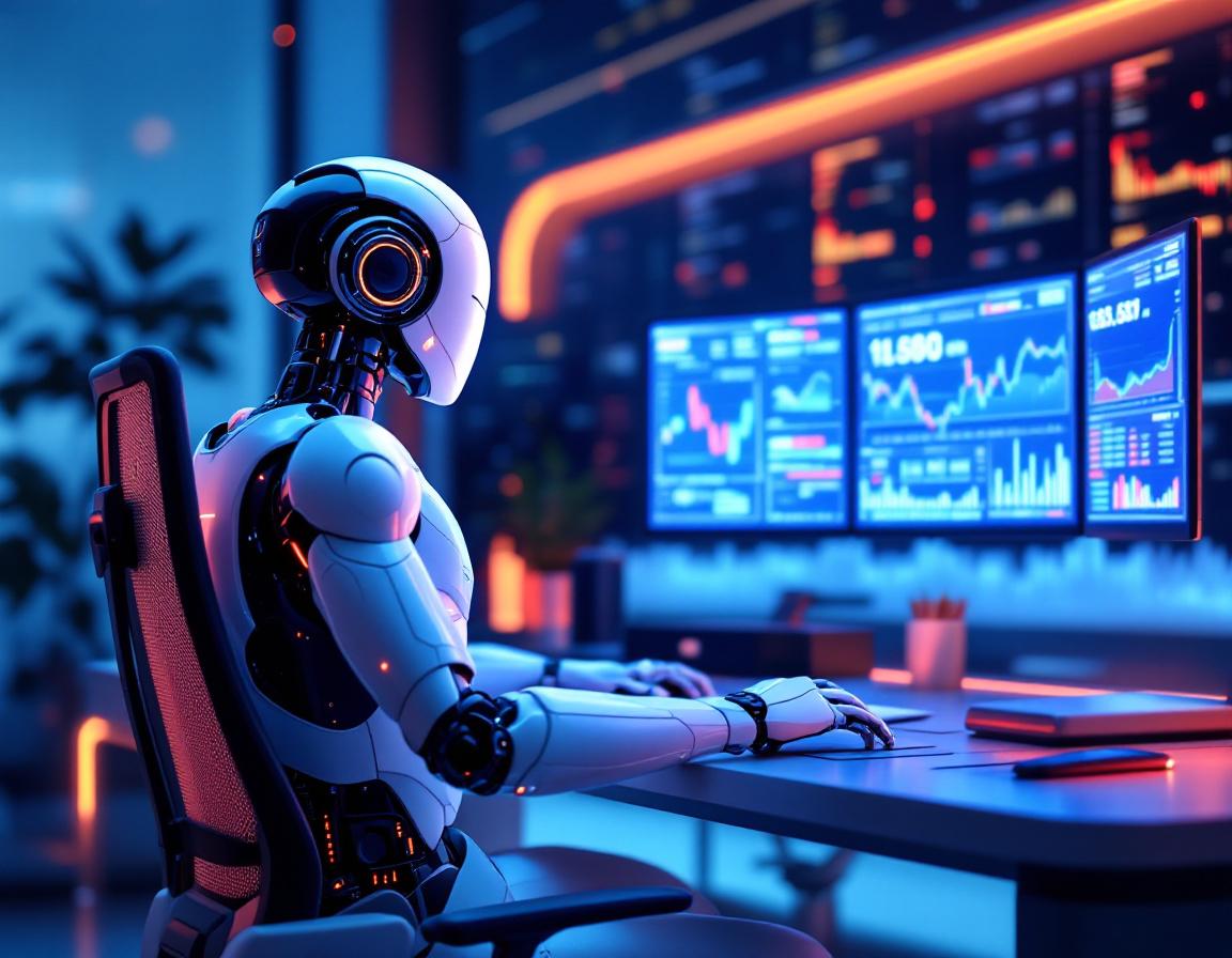 A humanoid AI trading bot at a high-tech workstation analyzing market data with multiple screens.
