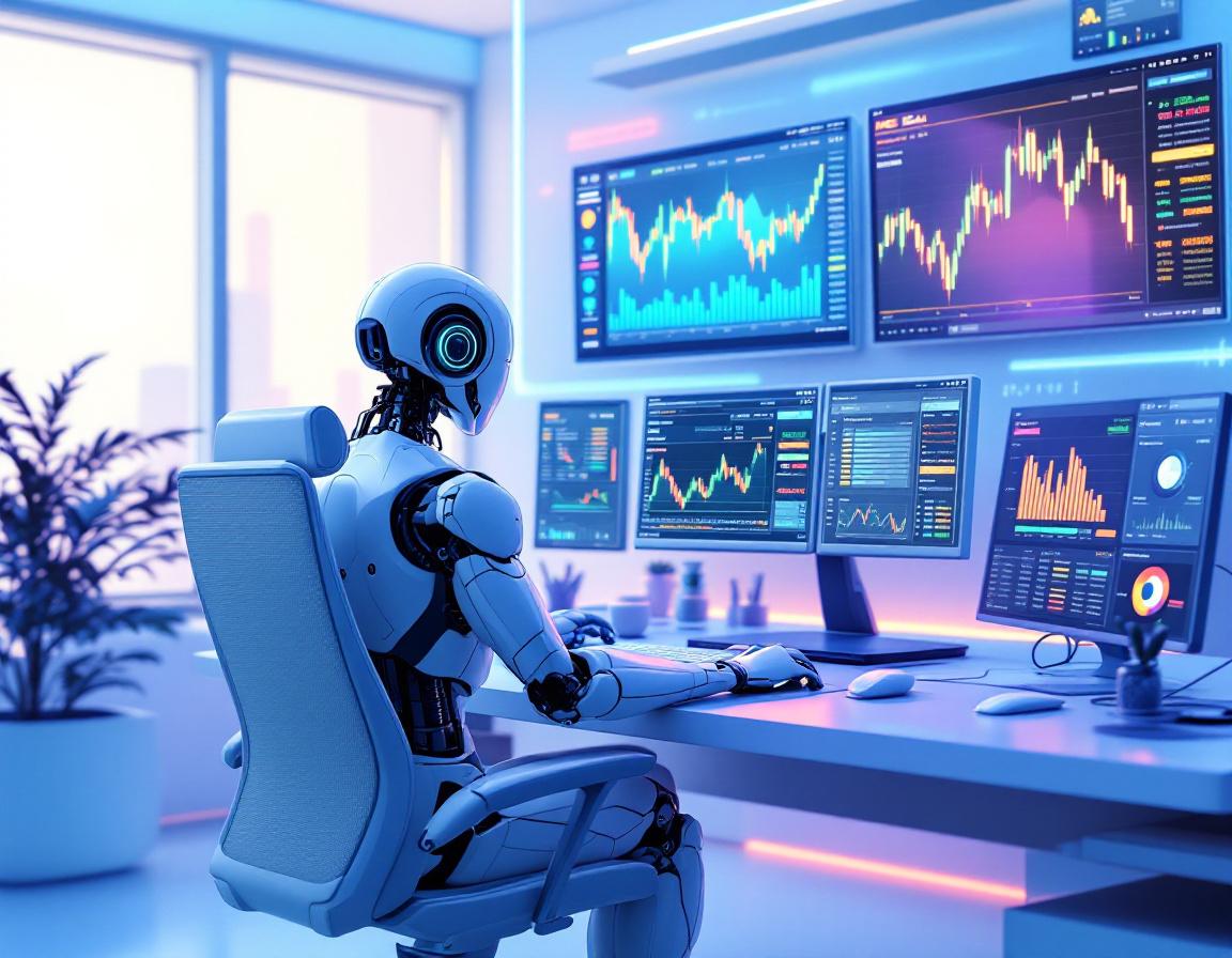 A futuristic AI trading bot at a sleek workstation analyzing market data on multiple screens.