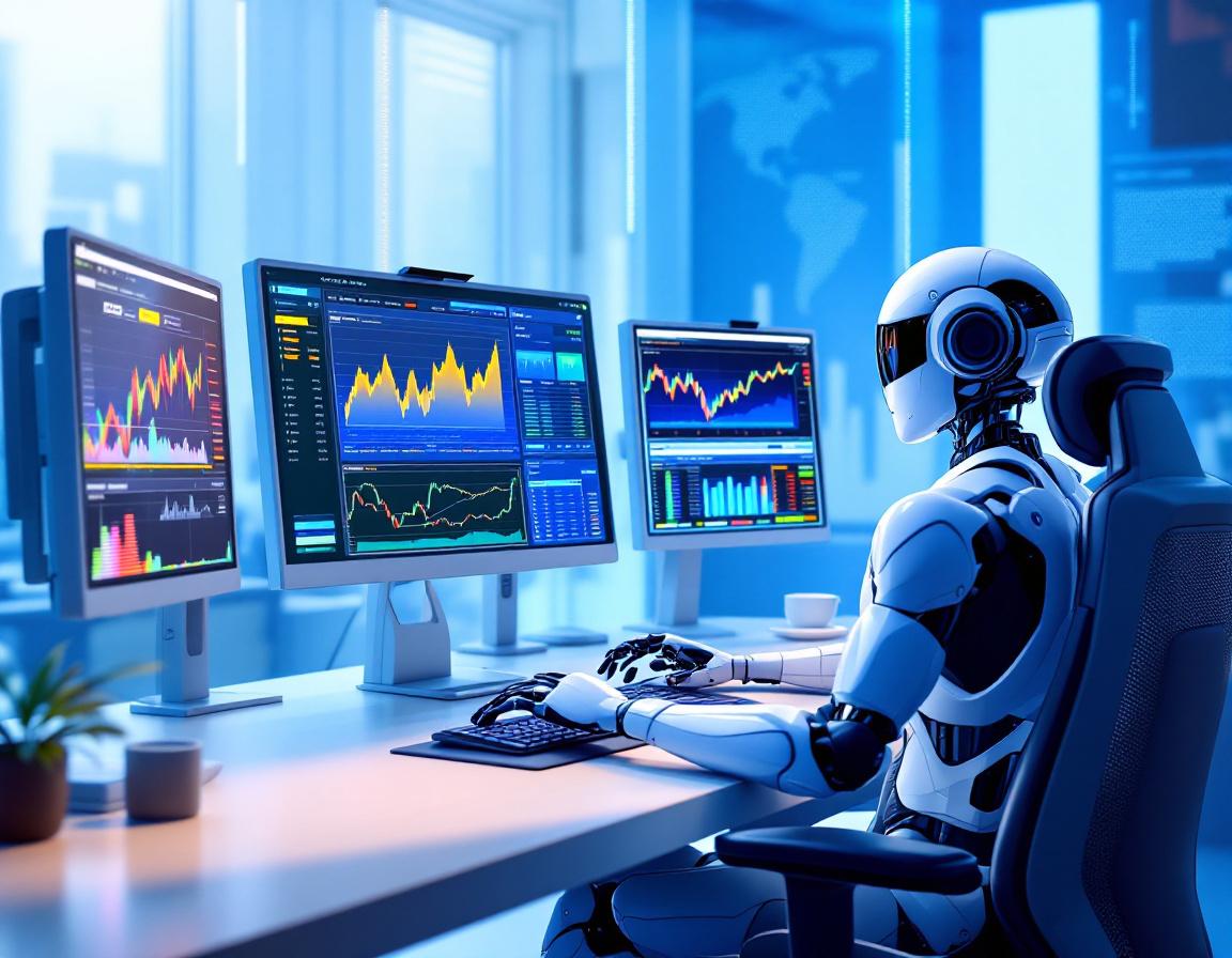 A hyper-realistic AI trading bot at a workstation, analyzing market data on multiple screens.