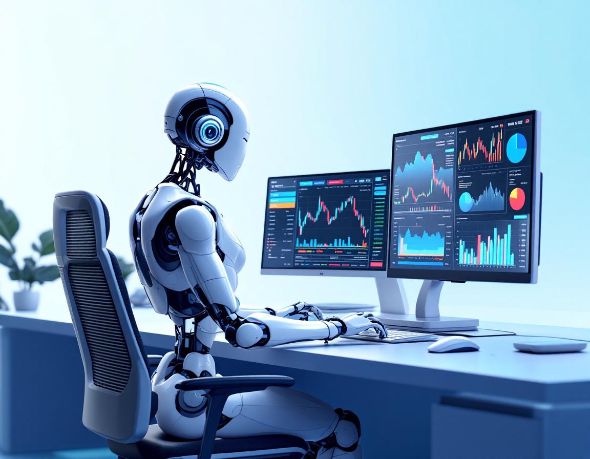 A hyper-realistic AI trading bot analyzes market data, executing trades in a high-tech workspace.