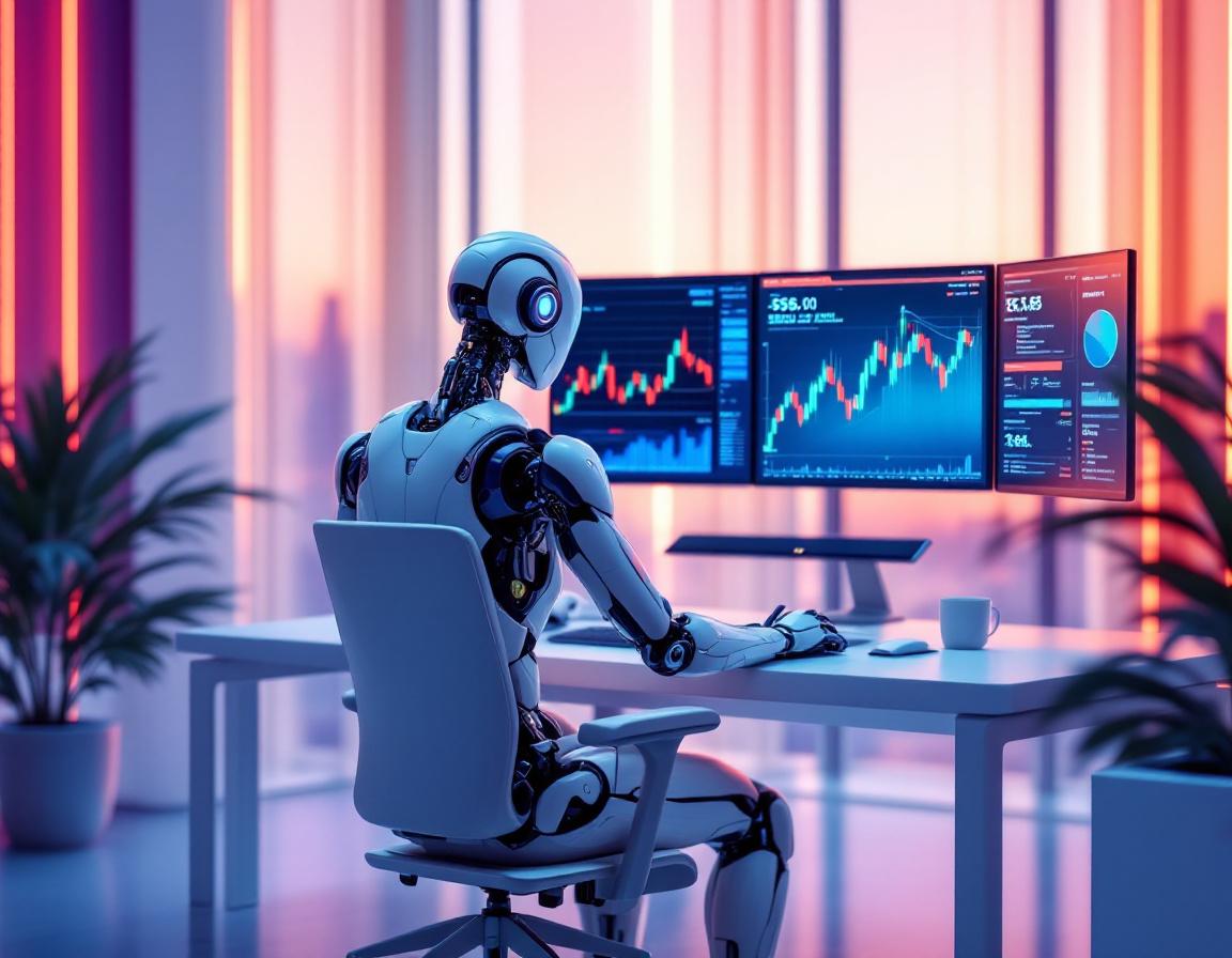 A humanoid AI trading bot analyzes market data at a high-tech workstation with multiple screens.