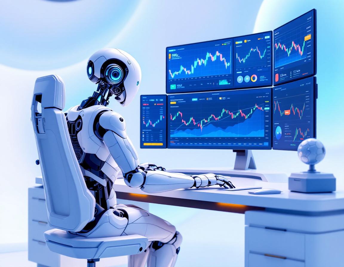 A humanoid AI trading bot analyzes market data at a futuristic workstation, surrounded by screens.