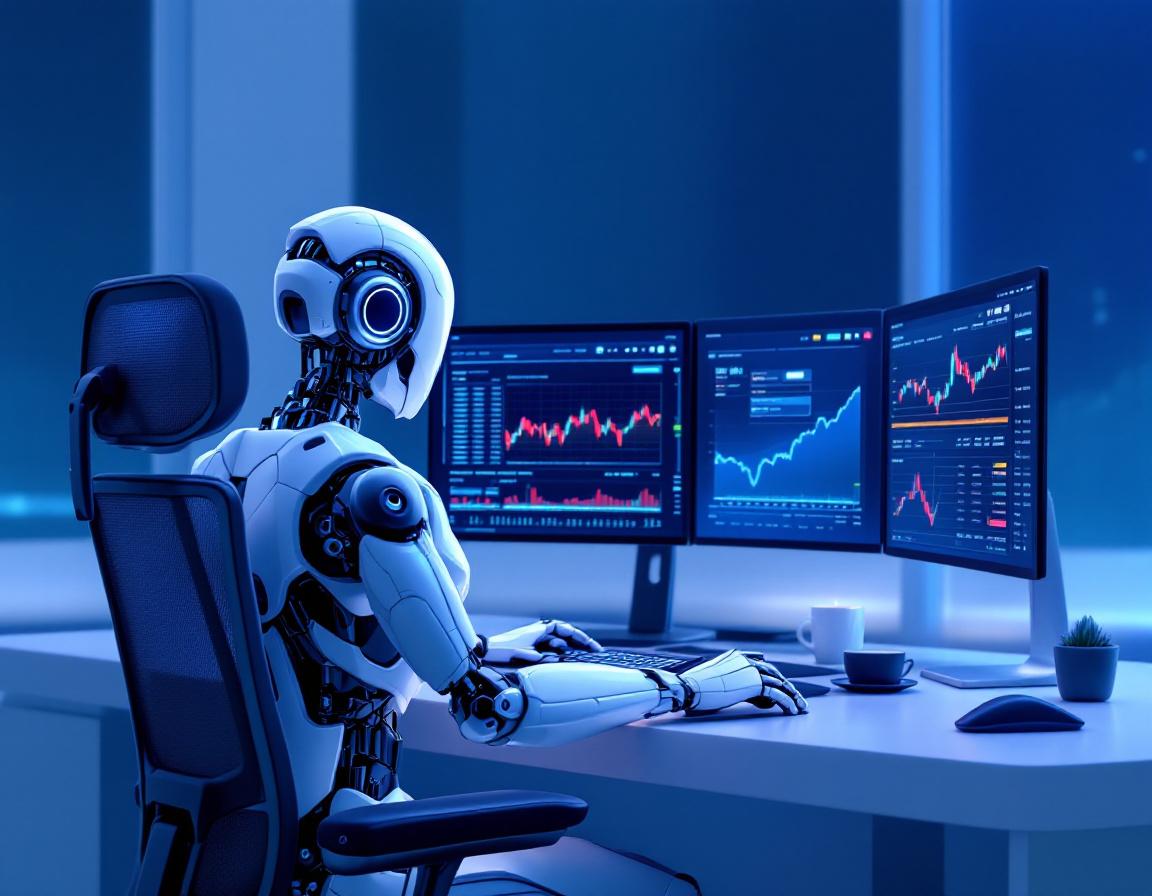 A humanoid AI trading bot at a high-tech workstation analyzing market data across multiple screens.