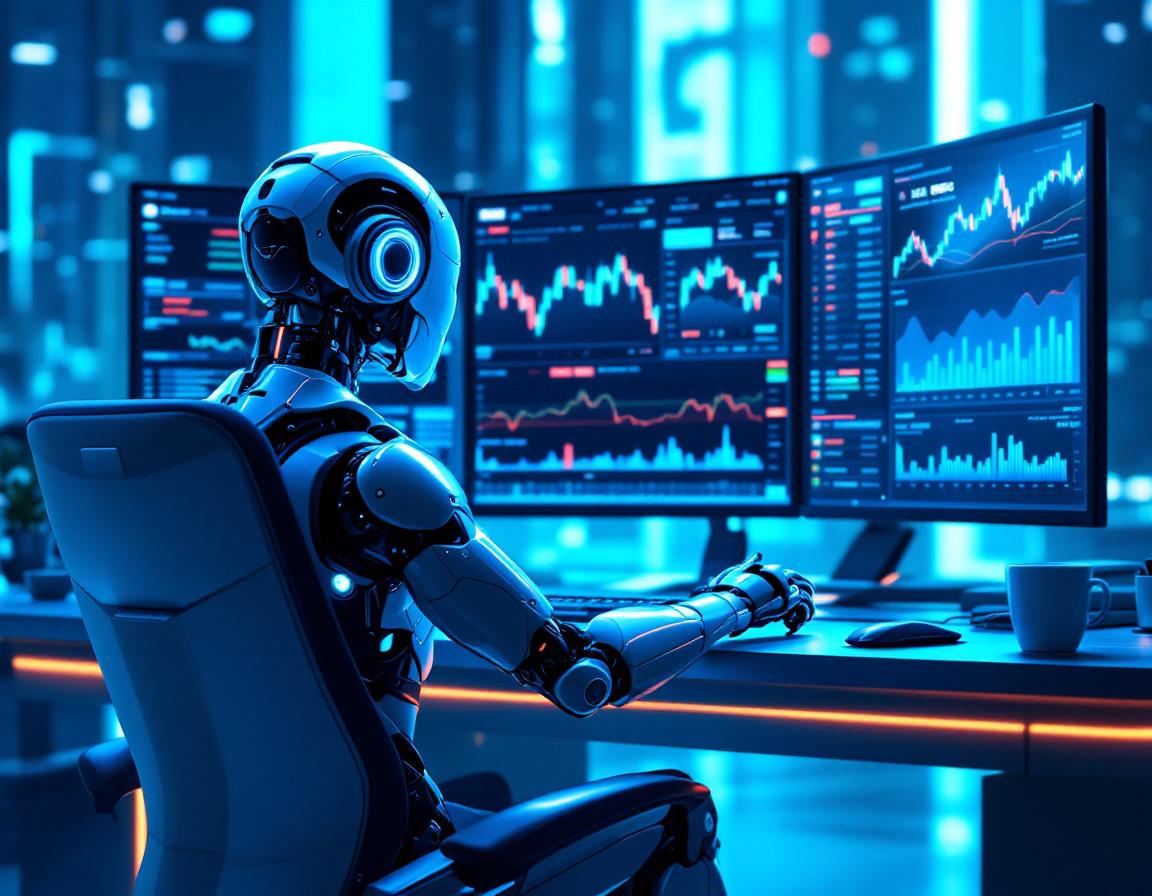 A humanoid AI trading bot at a high-tech workstation analyzes market data on multiple screens.
