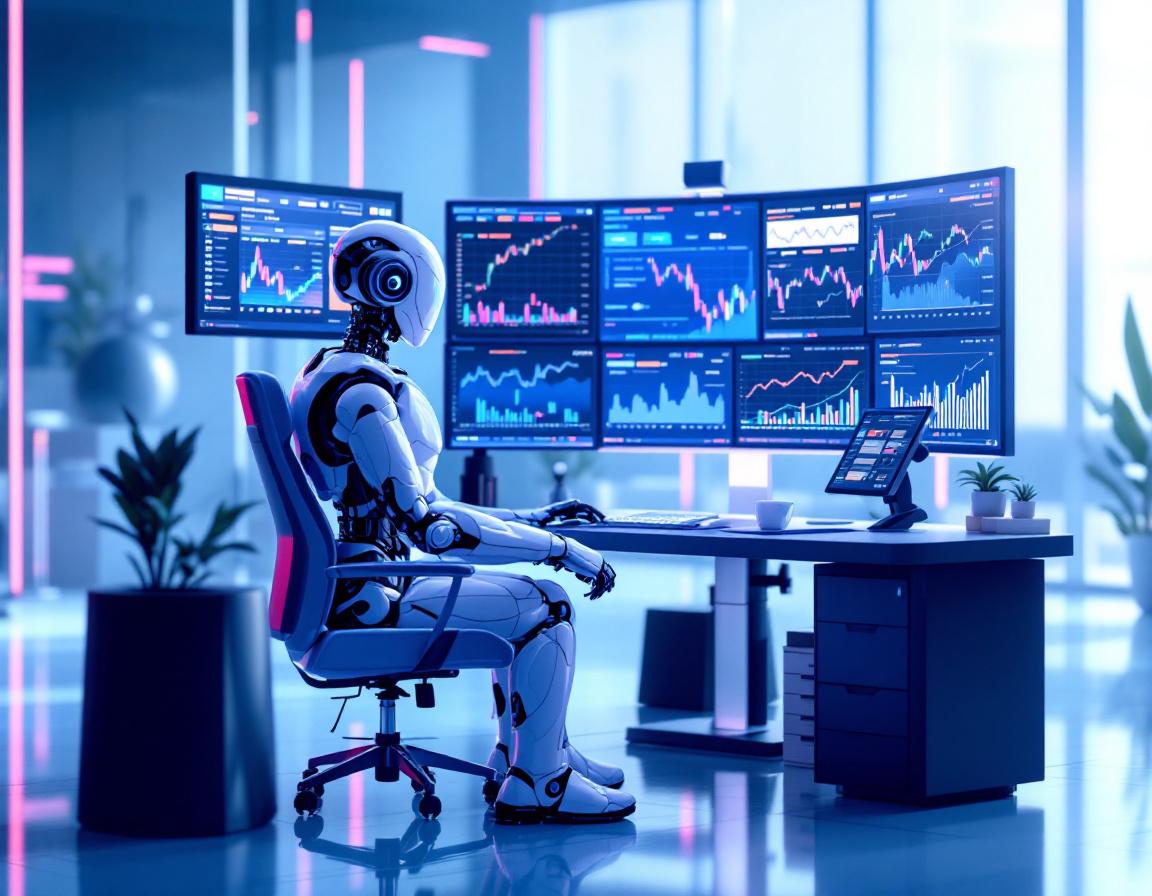A realistic AI trading bot in a futuristic workspace, analyzing market data across multiple screens.