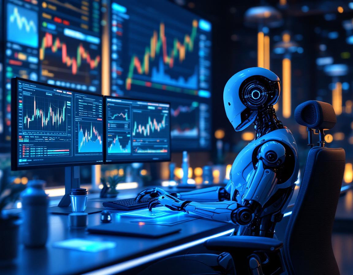 A hyper-realistic AI trading bot at a workstation, analyzing crypto data on multiple screens.