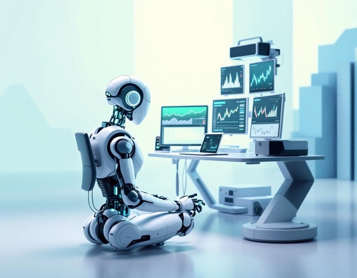 A hyper-realistic AI trading bot analyzes stock and crypto data in a sleek financial workspace.