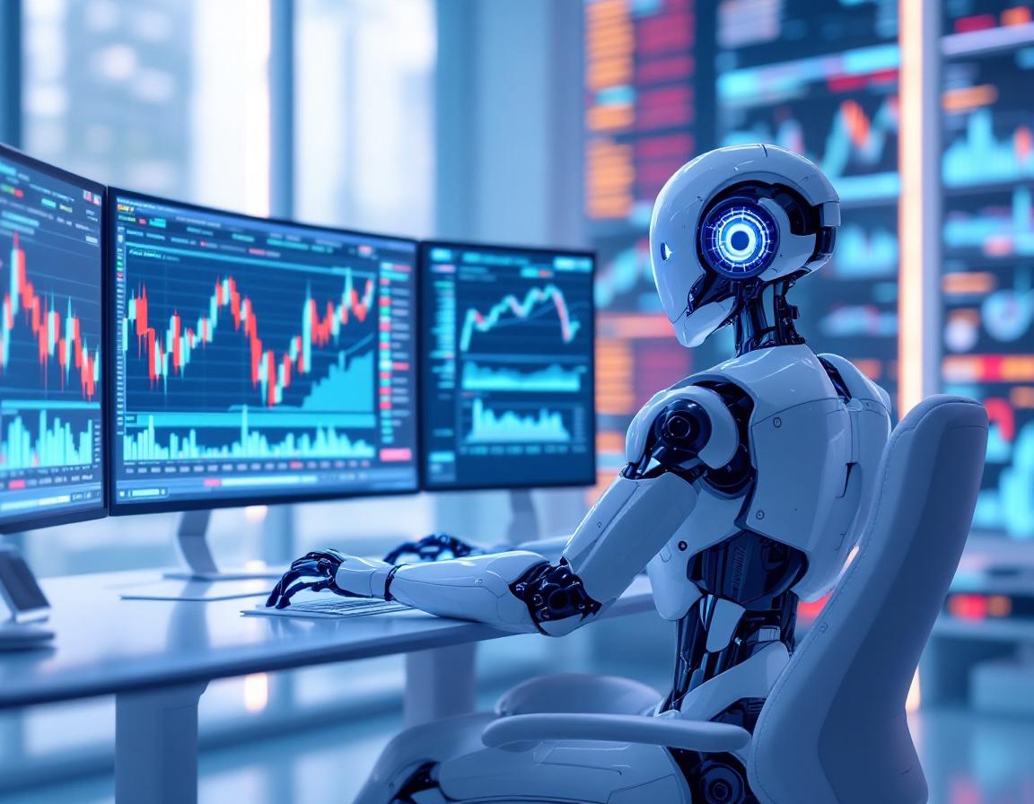 A humanoid AI trading bot at a high-tech workstation, analyzing market data on multiple screens.