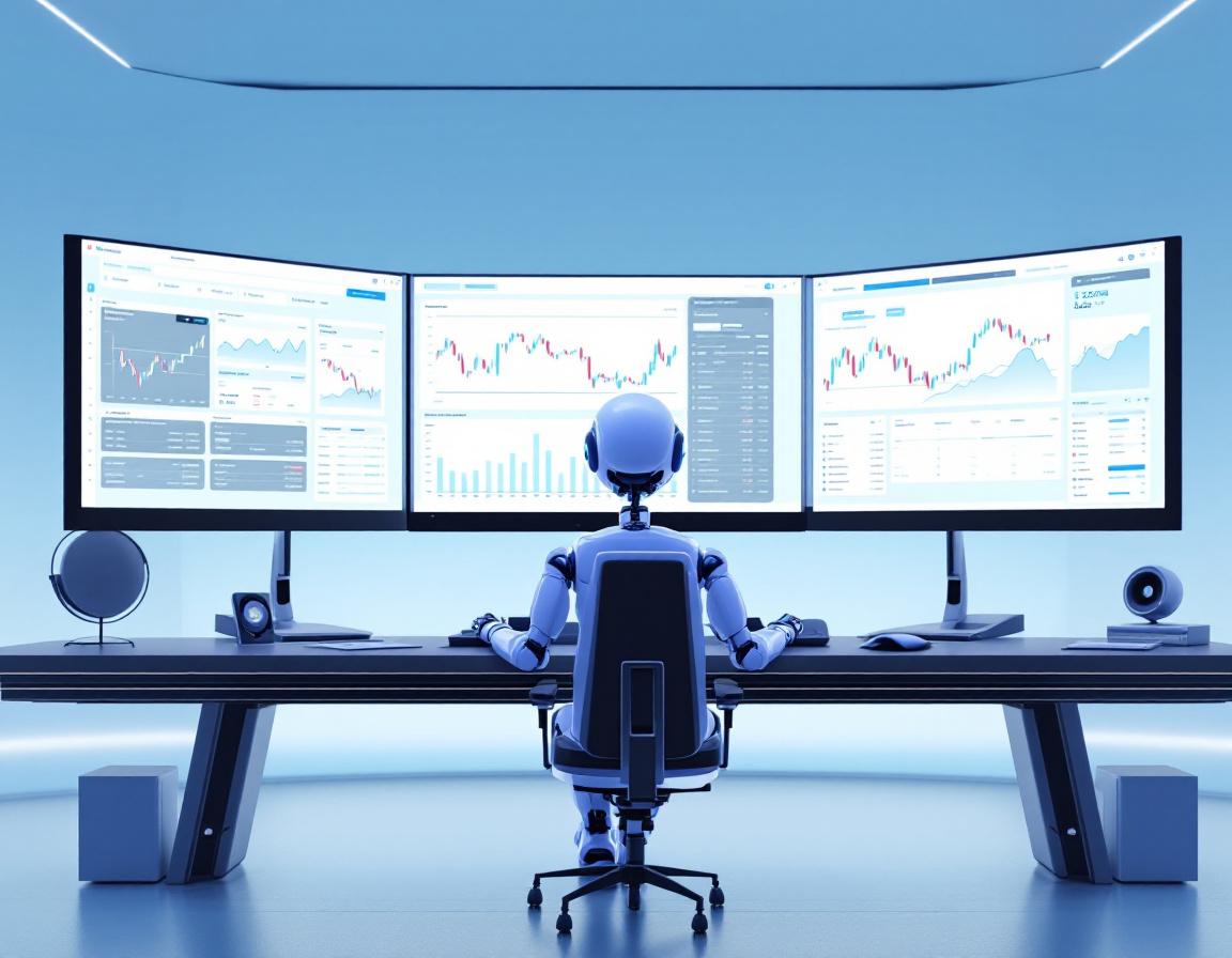 A humanoid AI trading bot at a high-tech workstation analyzing market data across multiple screens.
