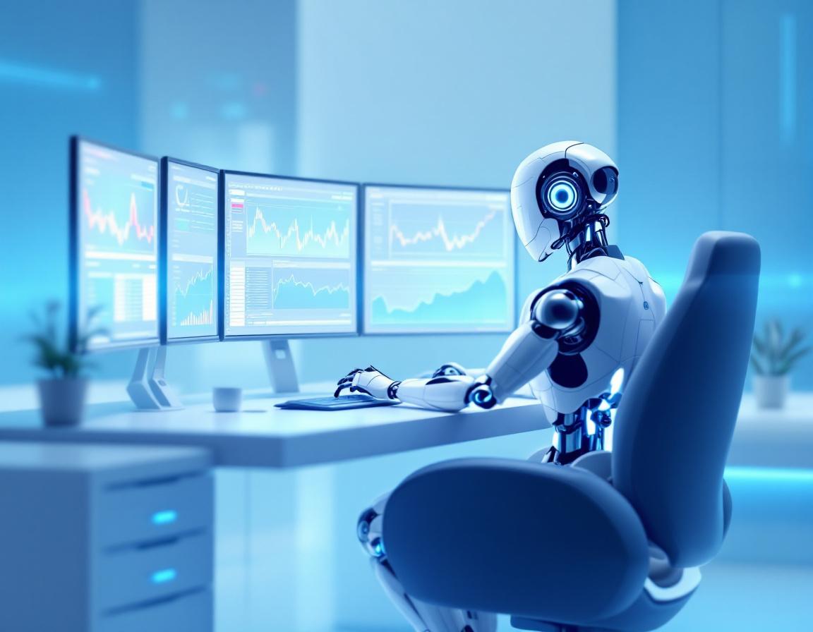 A humanoid AI trading bot analyzes market data at a sleek workstation surrounded by glowing screens.