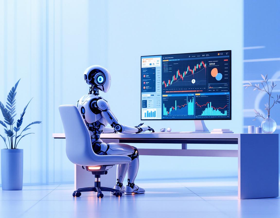 A humanoid AI trading bot analyzes data at a futuristic workstation with multiple trading screens.