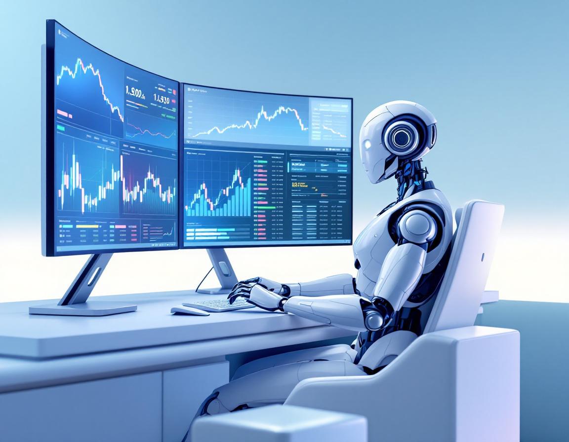 A humanoid AI trading bot at a workstation analyzes crypto market data across multiple screens.