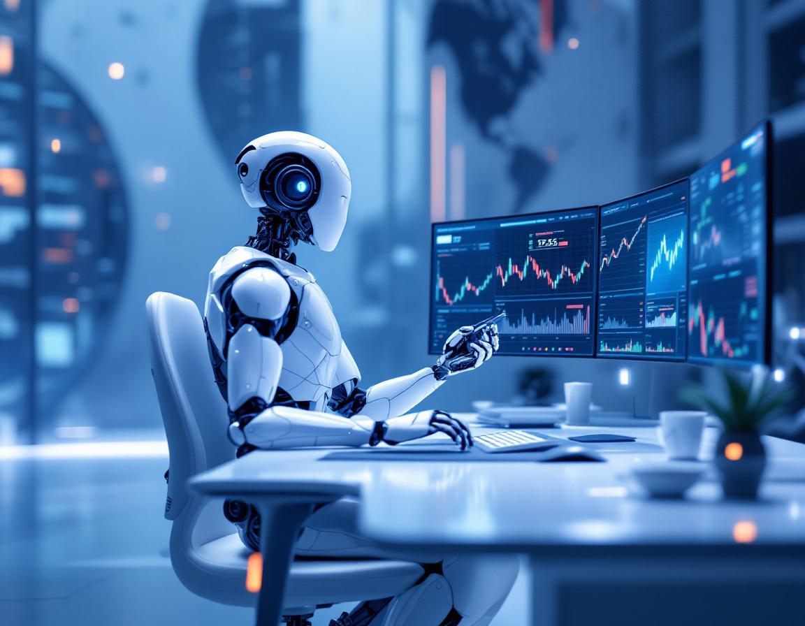 A hyper-realistic AI trading bot at a high-tech workstation analyzing crypto and stock market data.