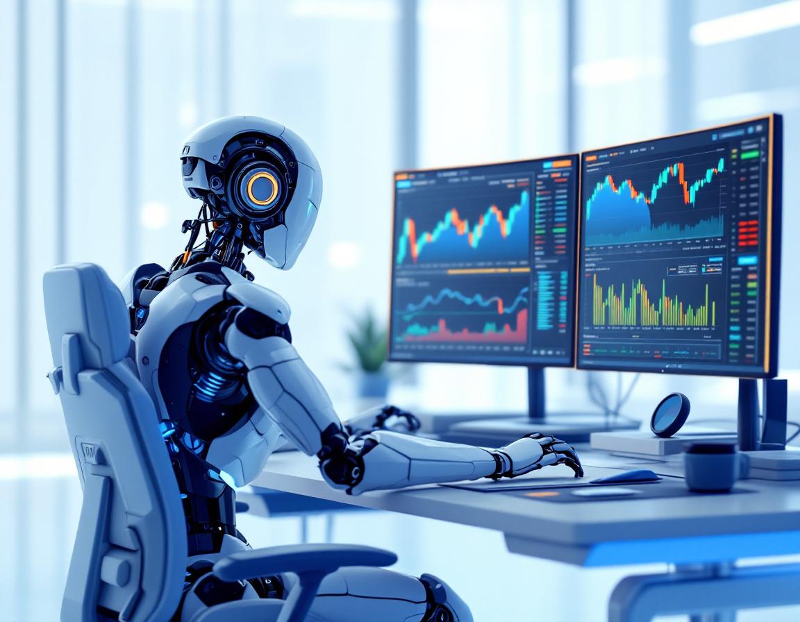 A humanoid AI trading bot analyzes market data at a futuristic workstation with multiple screens.