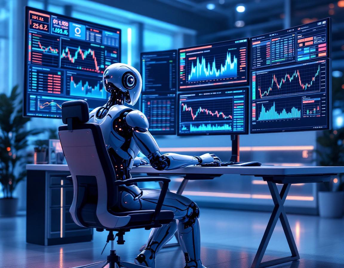 A humanoid AI trading bot analyzes market data at a high-tech workstation in a futuristic setting.