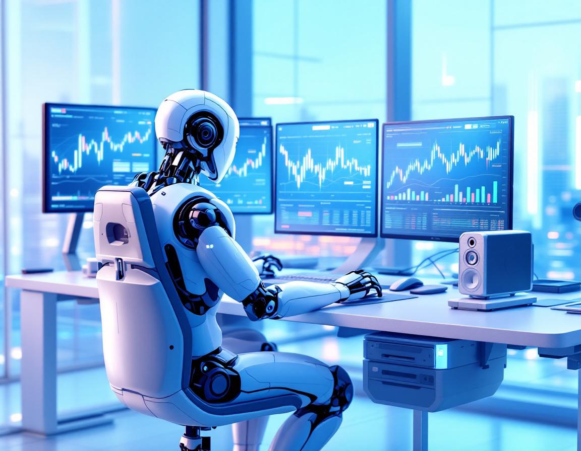 A humanoid AI trading bot seated at a high-tech workstation, analyzing data on multiple screens.