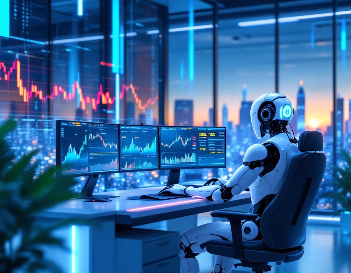 A humanoid AI trading bot analyzes market data at a futuristic workstation with multiple screens.