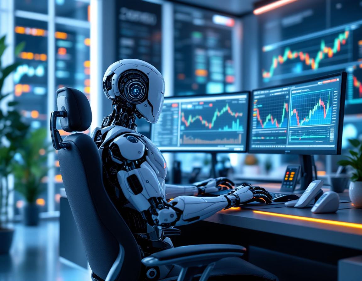 A hyper-realistic AI trading bot at a high-tech workstation analyzing data and executing trades.