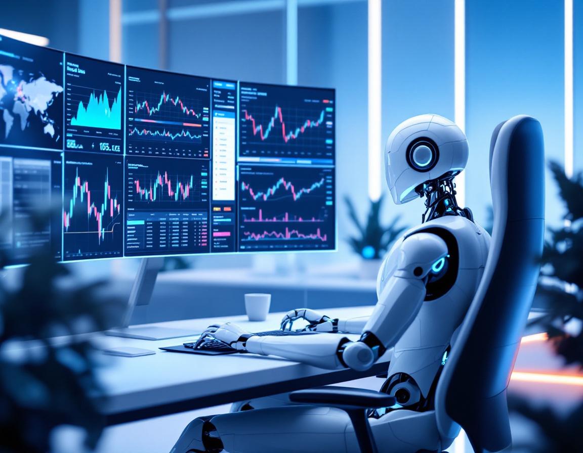 A humanoid AI trading bot analyzes market data at a high-tech workstation surrounded by screens.