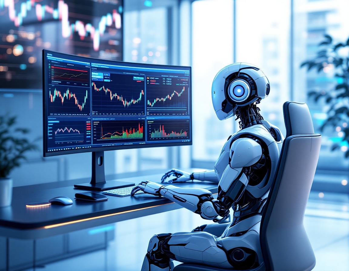 A hyper-realistic AI trading bot at a workstation analyzing market data across multiple screens.
