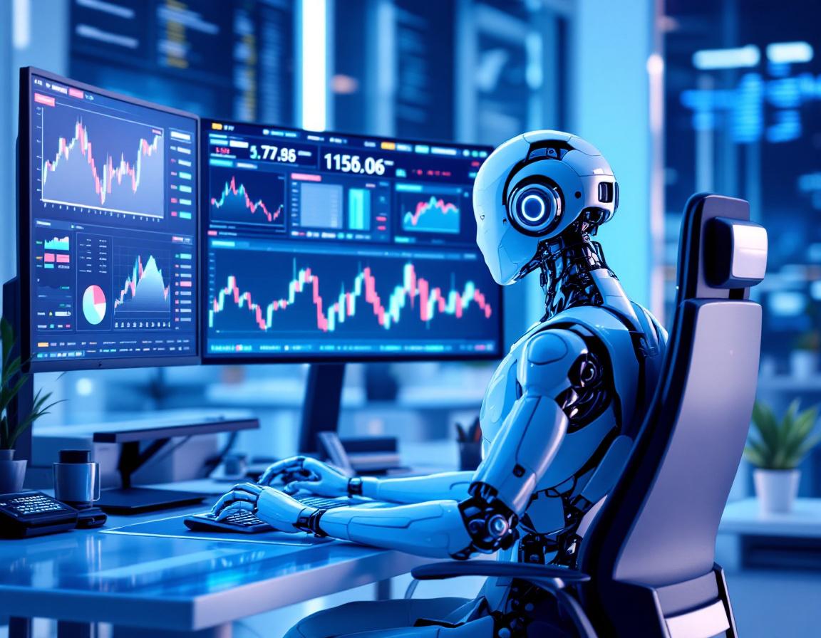 A hyper-realistic AI trading bot at a workstation analyzing financial data across multiple screens.