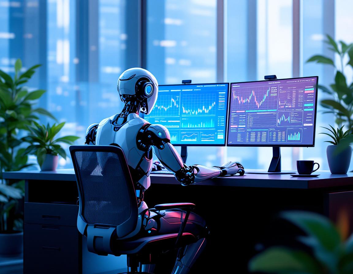 A humanoid AI trading bot analyzes market data at a high-tech workstation with glowing screens.