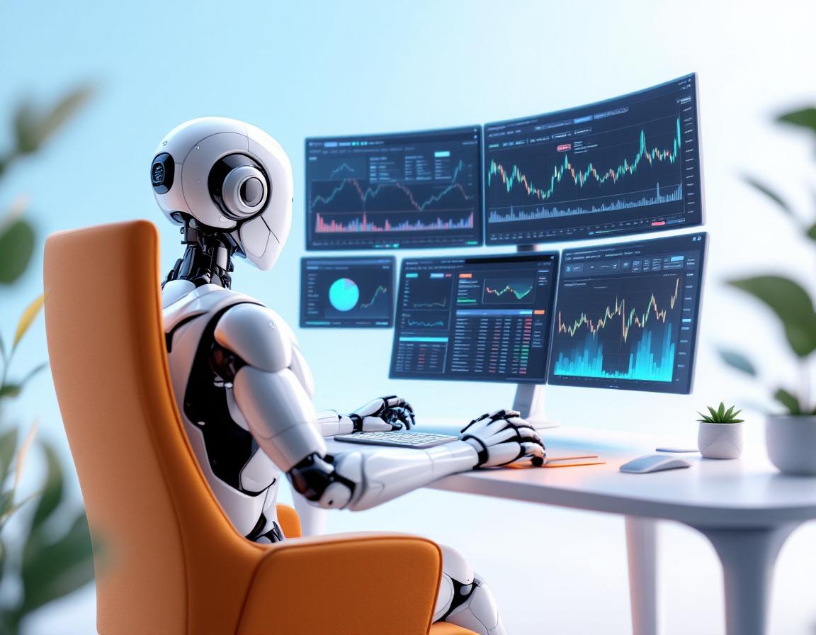 A hyper-realistic AI trading bot in a futuristic setting analyzing market data on multiple screens.