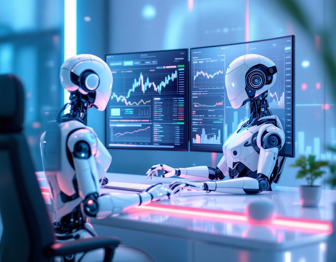 A futuristic AI trading bot analyzes market data at a high-tech workstation amid glowing screens.