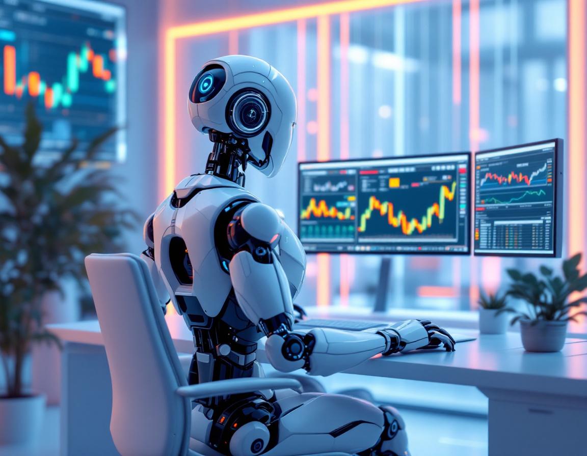 A humanoid AI trading bot analyzes market data at a high-tech workstation with glowing screens.