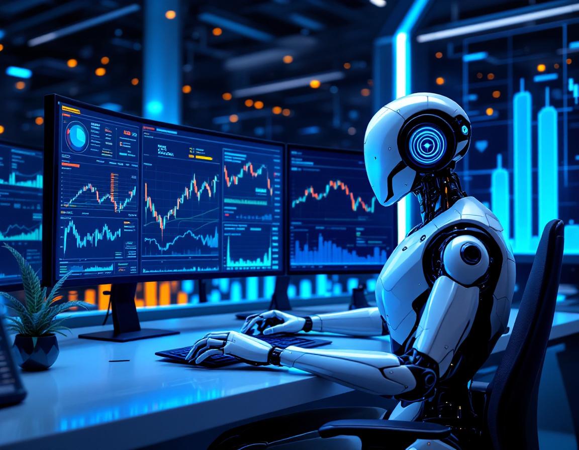 A humanoid AI trading bot analyzes market data at a high-tech workstation with glowing screens.