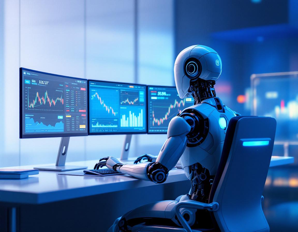 A humanoid AI trading bot analyzes data on multiple screens in a futuristic financial trading room.