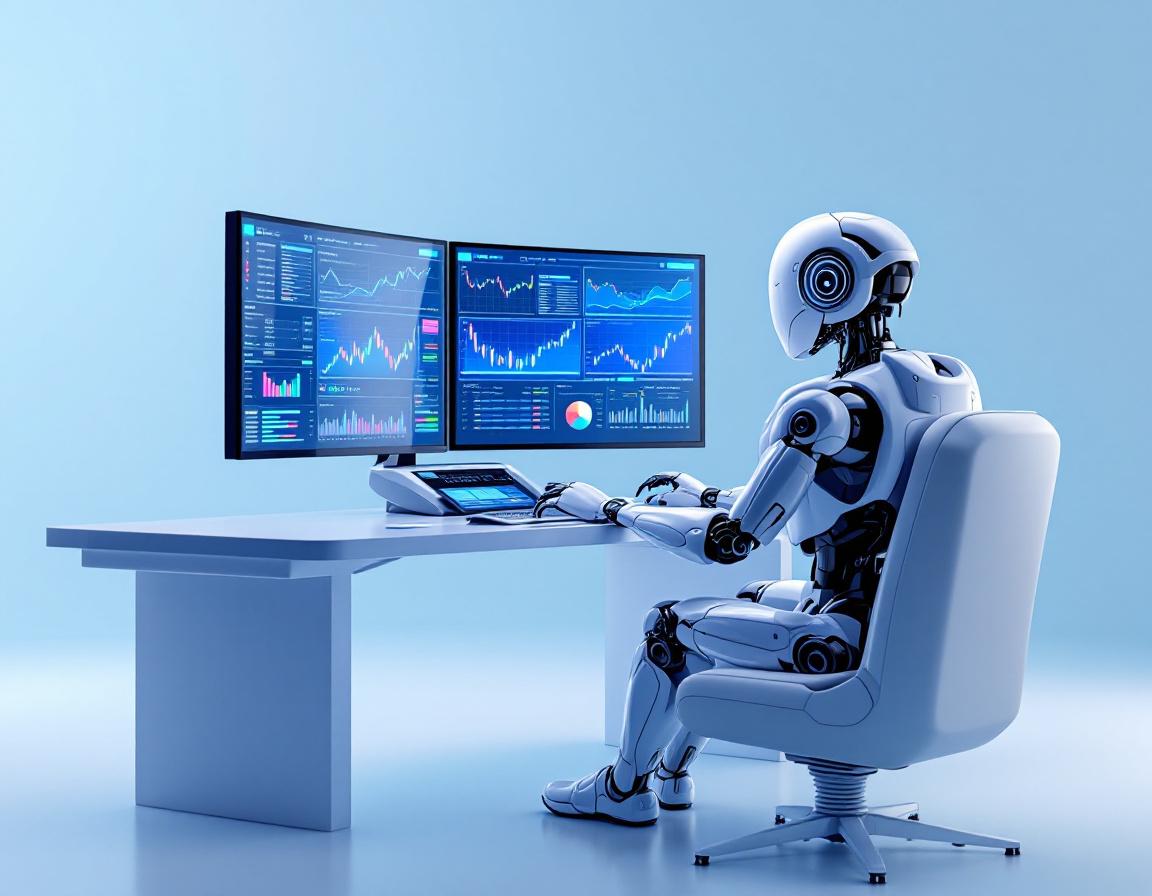 A hyper-realistic AI trading bot at a sleek workstation, analyzing market data on multiple screens.