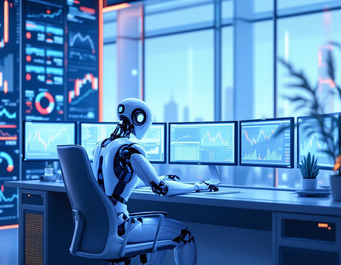 A hyper-realistic AI trading bot at a workstation, analyzing market data on multiple screens.