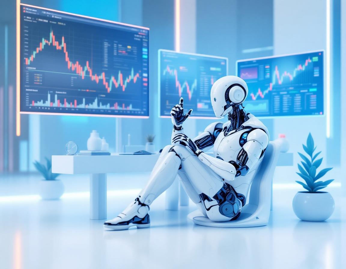 A humanoid AI trading bot at a workstation, analyzing market data on multiple screens with charts.