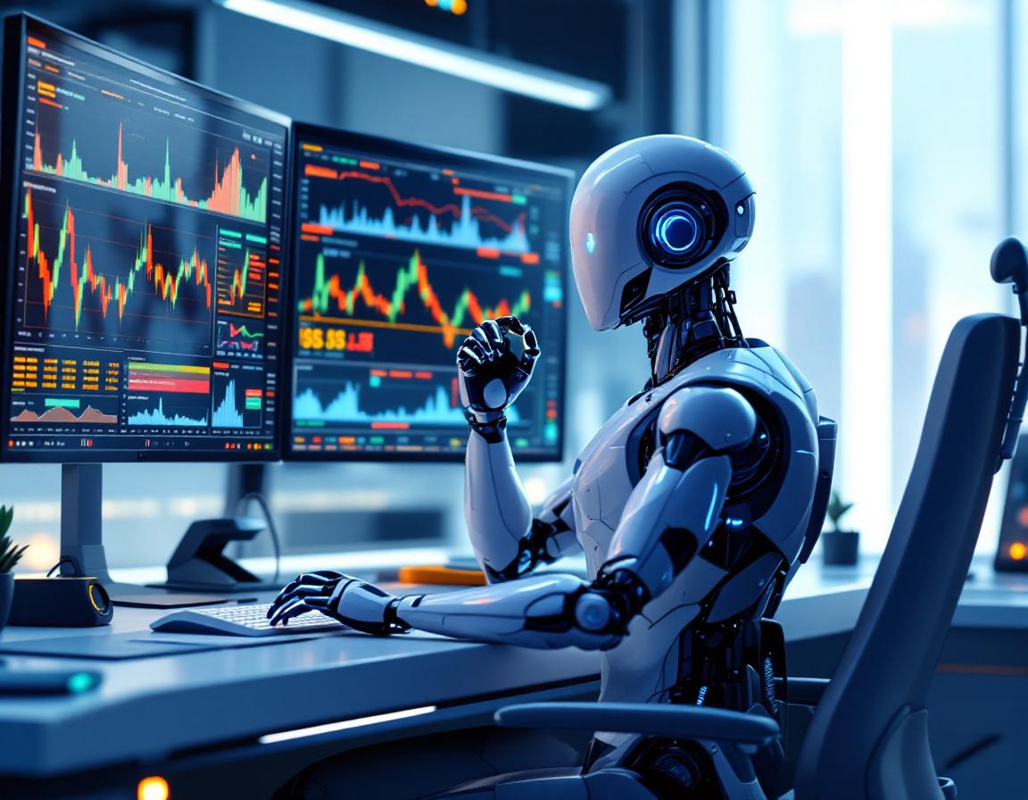 A humanoid AI trading bot analyzes data in a high-tech workspace with multiple market screens.