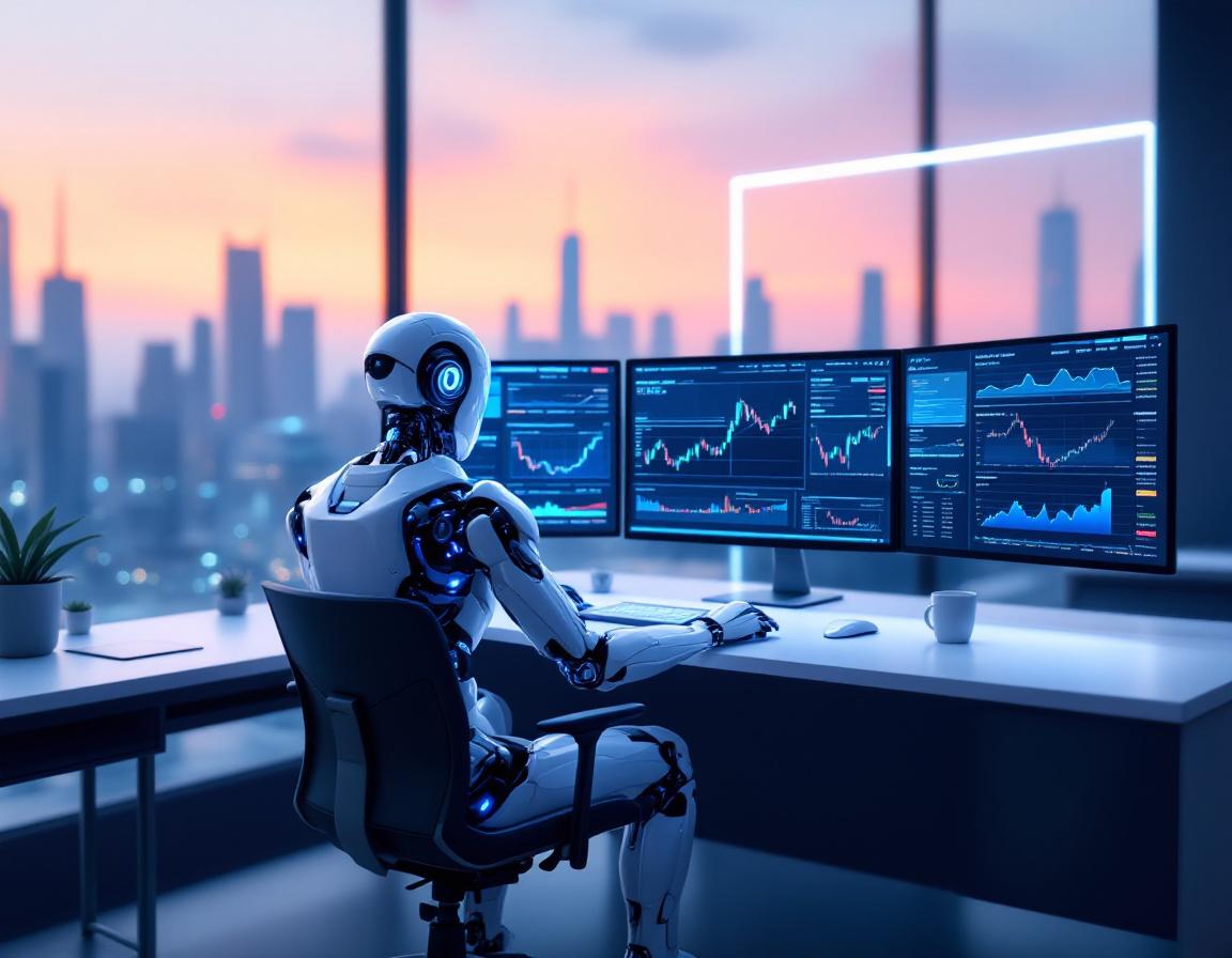 A humanoid AI trading bot analyzes market data at a high-tech workstation in a futuristic setting.
